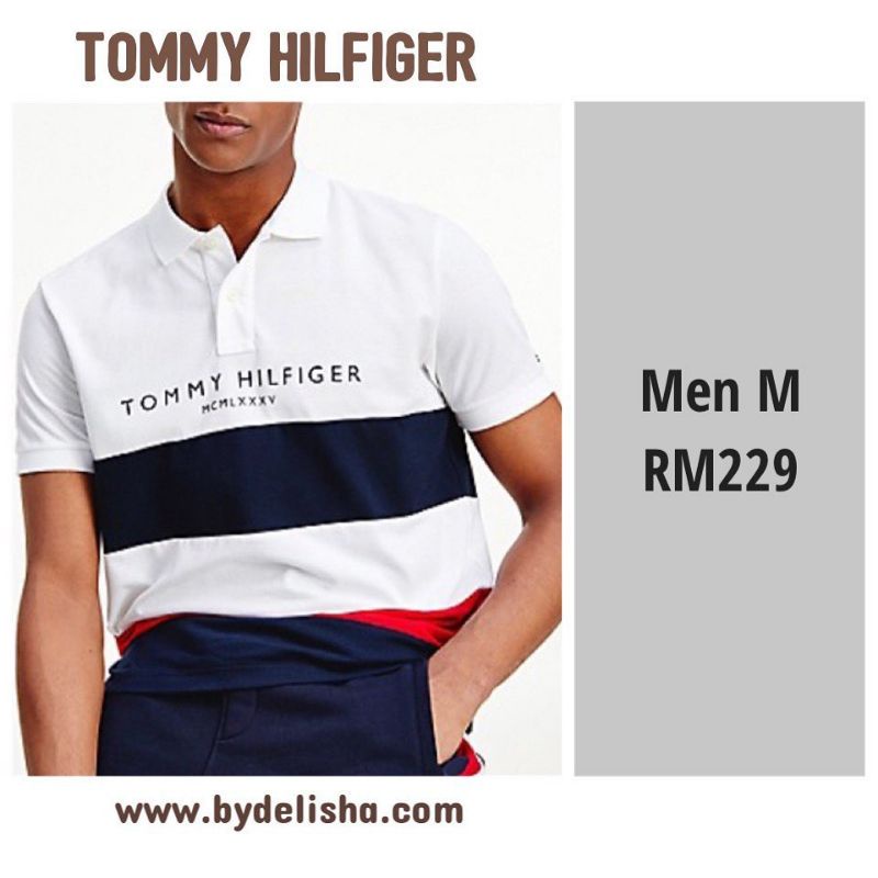 Tommy Hilfiger Men M Collar/Polo T-shirt White Navy/Red Stripes Tommy ...