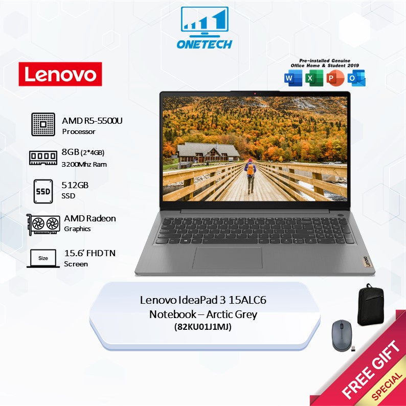 Lenovo IdeaPad 3 15ALC6 82KU01J1MJ Notebook – Arctic Grey (15.6" FHD TN/AMD R5-5500U/8GB/512GB/AMD Radeon/W11/H&S/2-Yr)