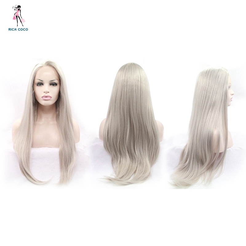 Long Hair Silver Platinum Blonde Lace Front Wigs Synthetic
