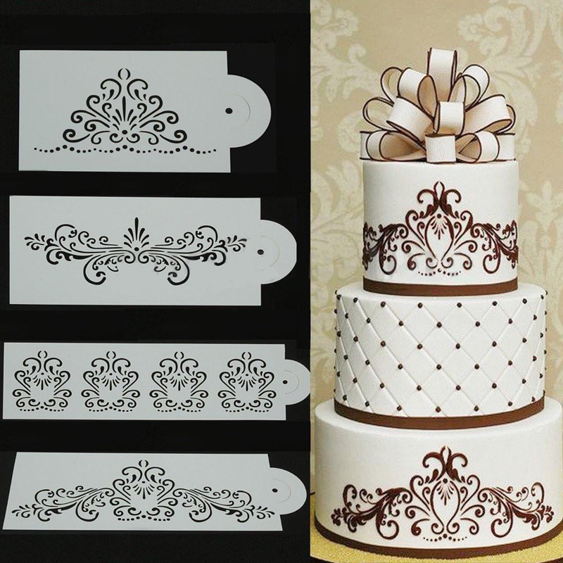 4pcs Lace Flowers Wedding Cake Stencil Set Fondant Side Mold