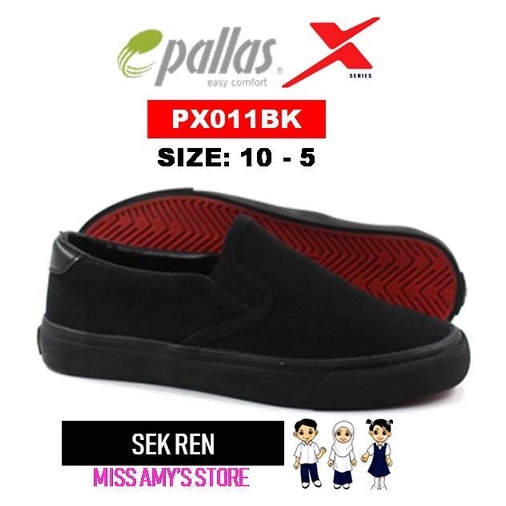 Pallas X Kasut Sekolah Hitam Sarung Slip On Black School Shoe Budak