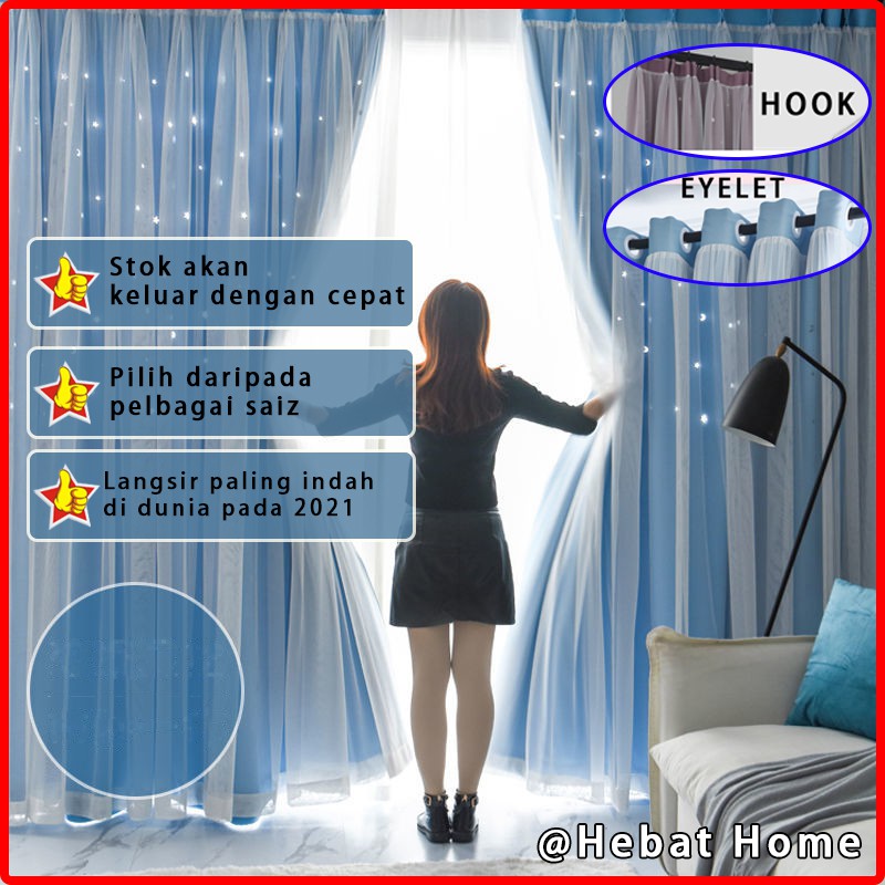 【Langsir yang paling indah】MRTREES Double-Layered Blackout Curtain Sliding Door Langsir Romantic Hollow Stars For Living Room Bedroom Window Drape/ INS Double-Layer Shading Tingkap/Langsir with Eyelet & Hook Top 【Stok akan keluar dengan cepat】
