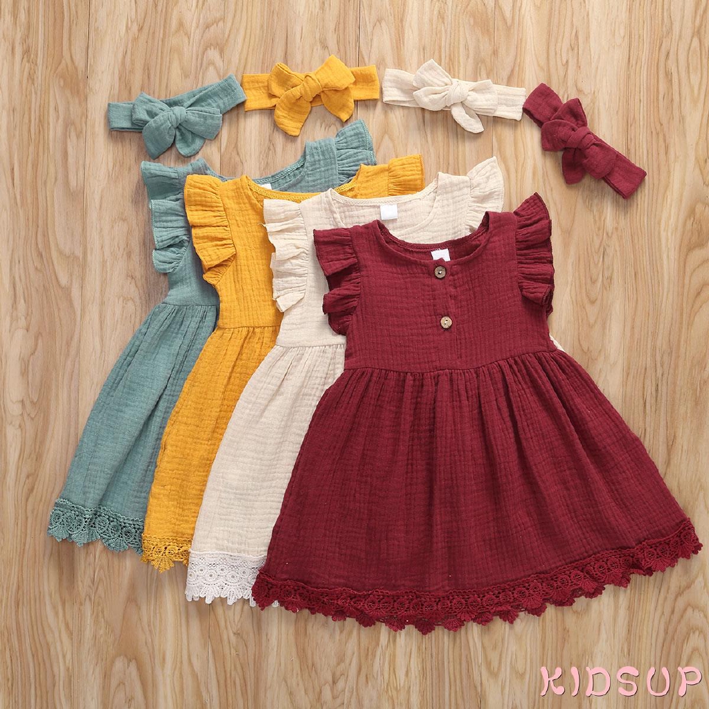 Fashion Children Two-piece Outfit Girl Flying Sleeve Lace Dress Hollow-out Headdress