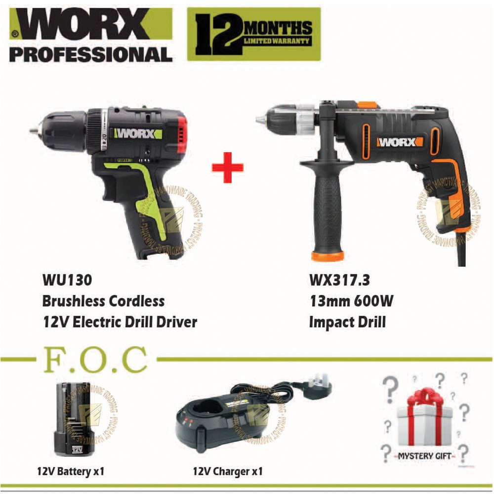 WORX WX317.3 13mm 600W Impact Drill + WU130 Brushless Cordless 12V