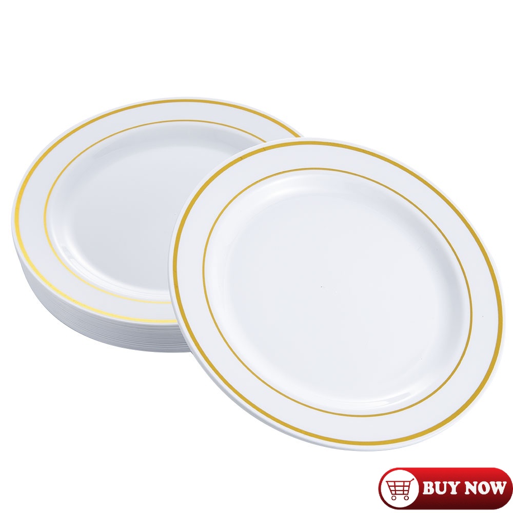 FS Lifestyle 10PCS Disposable Plastic Wedding Party Plates Gold Border Dinner Tableware Accessories