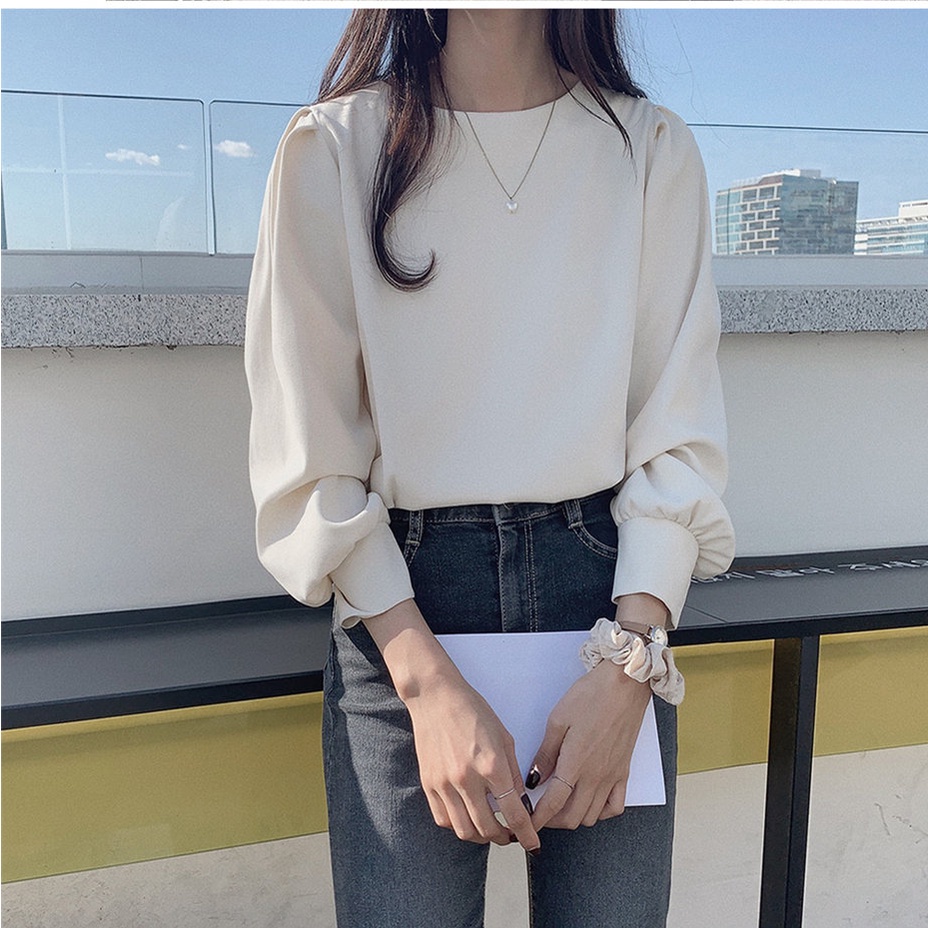 New Autumn Women Blouses Elegant O-neck Shirt Korean Simple long-sleeved  Vintage Casual Tops | Shopee Malaysia