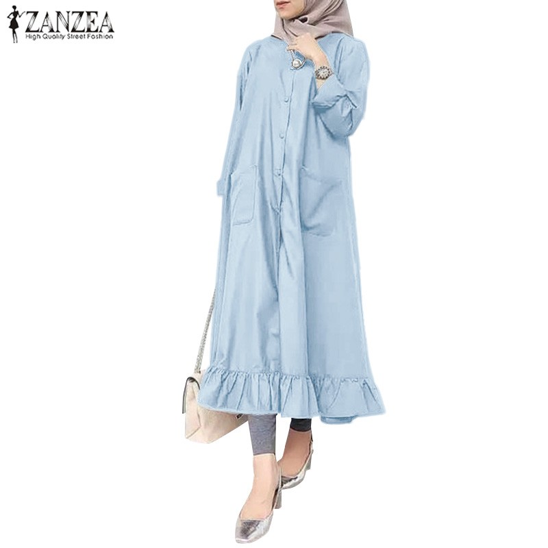 ZANZEA Women Vintage Long Sleeve Button Down Frilled Hem Muslim Dress