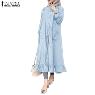 Image of ZANZEA Women Vintage Long Sleeve Button Down Frilled Hem Muslim Dress