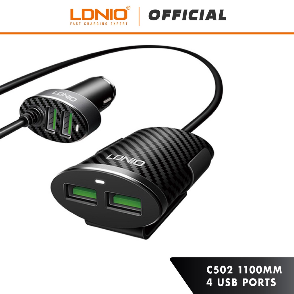 LDNIO C502 Smart Auto ID 4 USB Sharing Car Charger with Cord Length (5.1A/110cm)