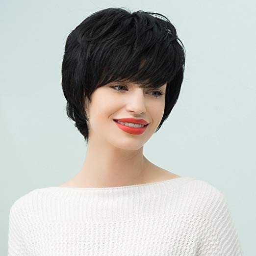 Short Natural Black Wig For White Women Soft Straight Costume
