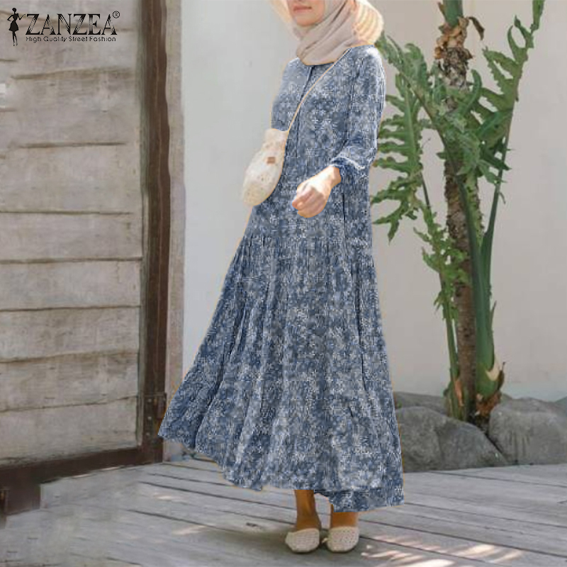 ZANZEA Women Casual Long Sleeve Printed Tiered Muslim Long Dress #4