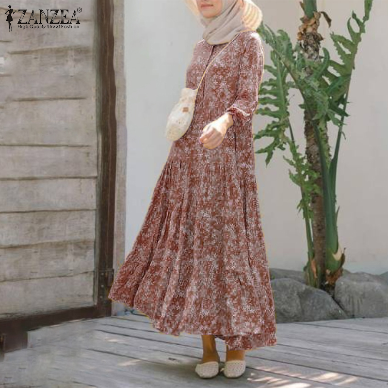 ZANZEA Women Casual Long Sleeve Printed Tiered Muslim Long Dress #9