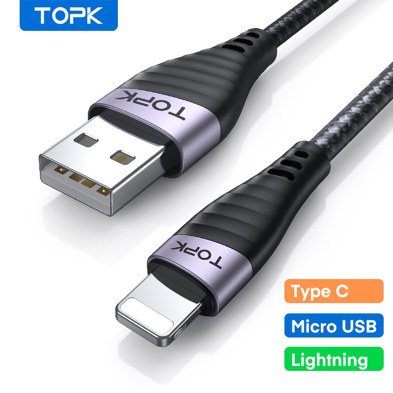 TOPK AN15 Micro USB Type C iPhone Cable Fast Charging Phone Charger Cables for iPhone Xiaomi