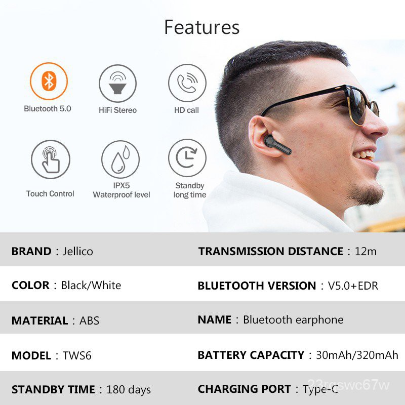 JELLICO TWS6 True Wireless Earbuds Bluetooth 5.0 Earphones Bass Bluetooth Headset for Android iPhone Bluetooth Headphone