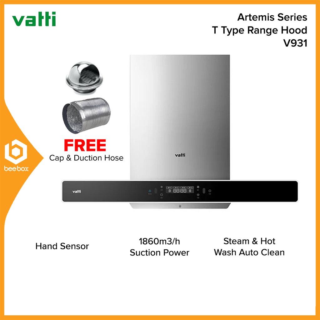 Vatti V931 Artemis Series T Type Range Hood 1860m3/h Suction Power with Steam & Hot Auto Clean