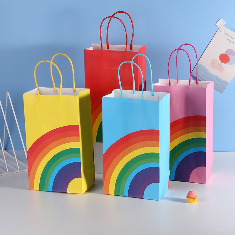 Children's Birthday Party Paper Bag Spot Storage Decoration Rainbow Tote Bag White Kraft Paper Square Bottom Paper Bag Gift Holiday Gift Packaging Bag
