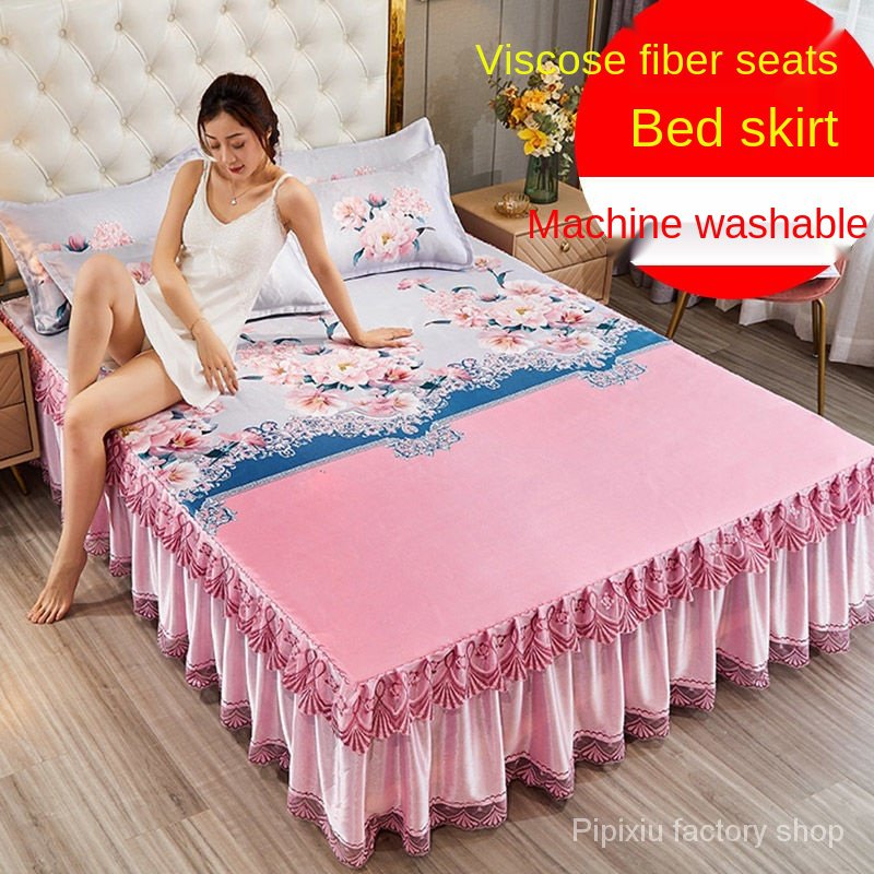Summer Cooling Soft Ice Silk Fitted, Satin Bed Skirts Queen