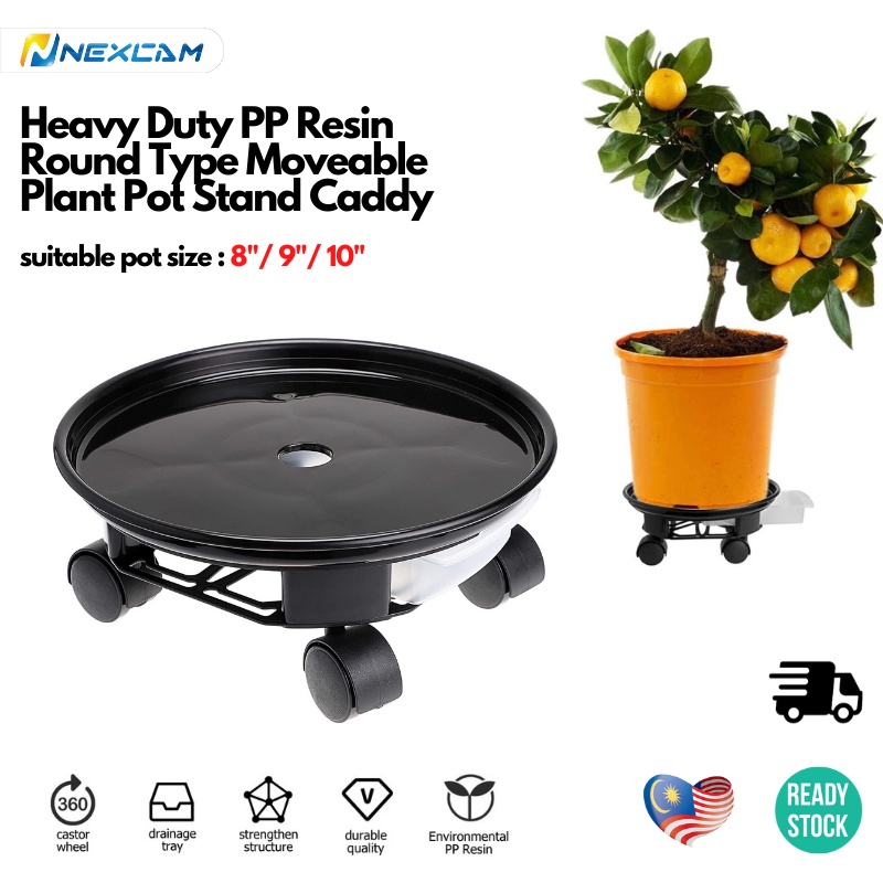 NEXCAM Heavy Duty PP Resin Round Type Moveable Plant Pot Stand Caddy with Drainage Tray and 4