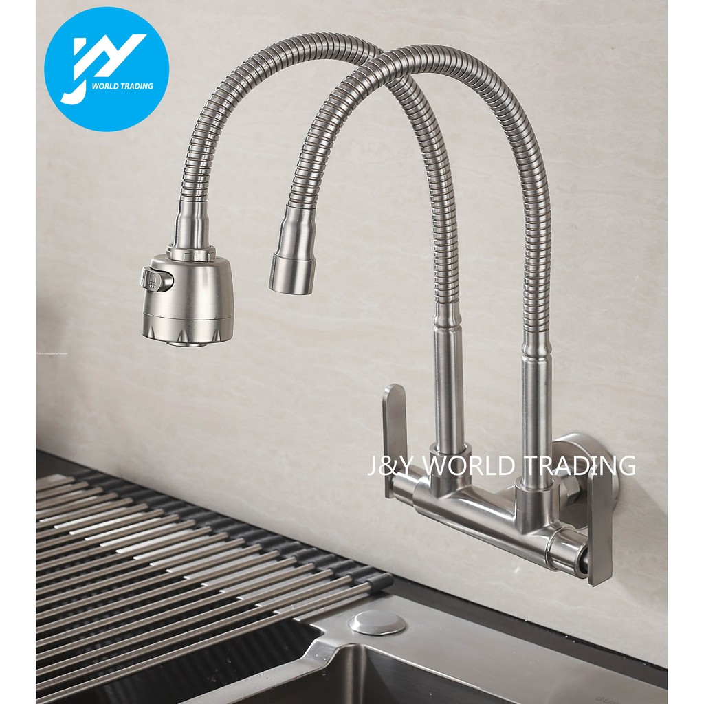 Kitchen 304 Stainless Steel Double Flexible Wall Sink Tap Elegant ...