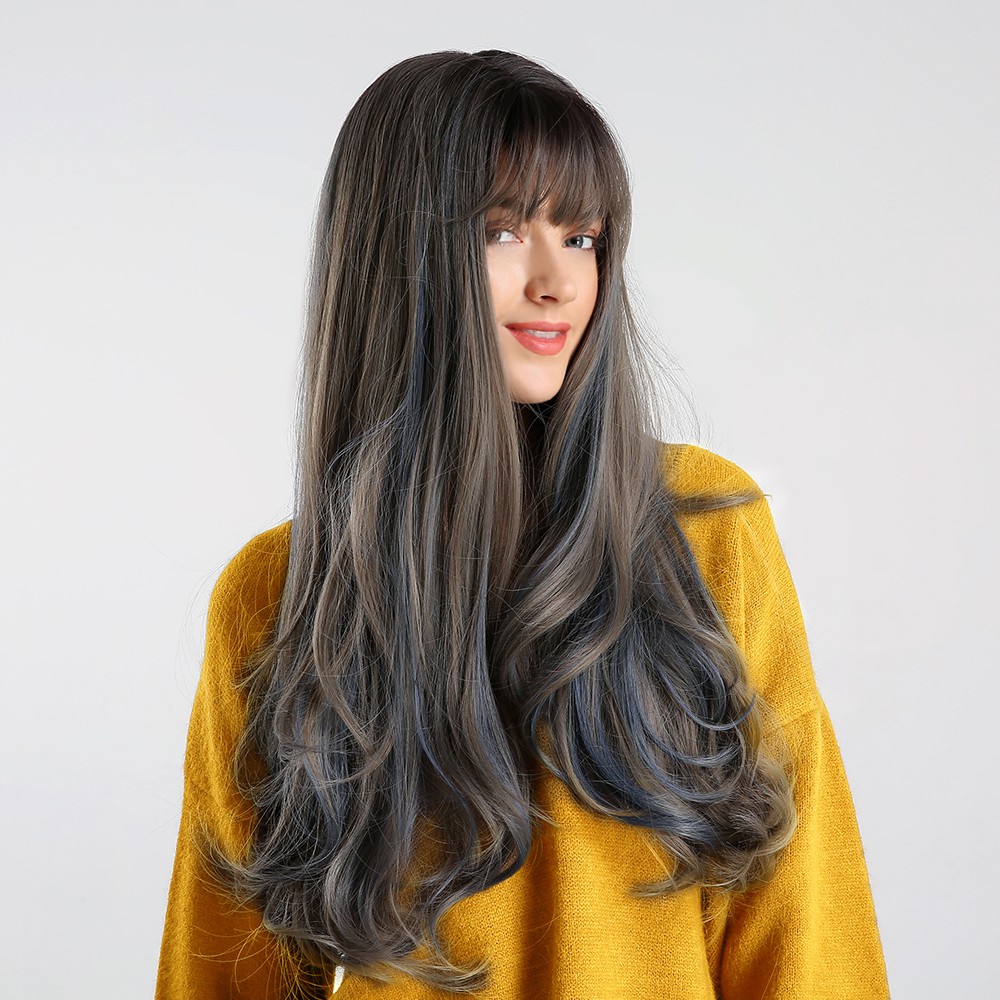 Long Curly Wig With Neat Bangs Mixed Color Fashion Black Gradient