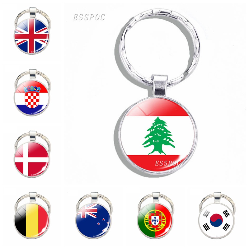 UK Lebanon Portugal Flag Glass Cabochon Metal Keychain Souvenir Gift National Flag Keyring Car Keyring Bag Charms