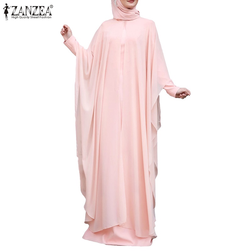 ZANZEA Women Solid Two-Piece Bat Sleeve Vintage Muslim Maxi Dress