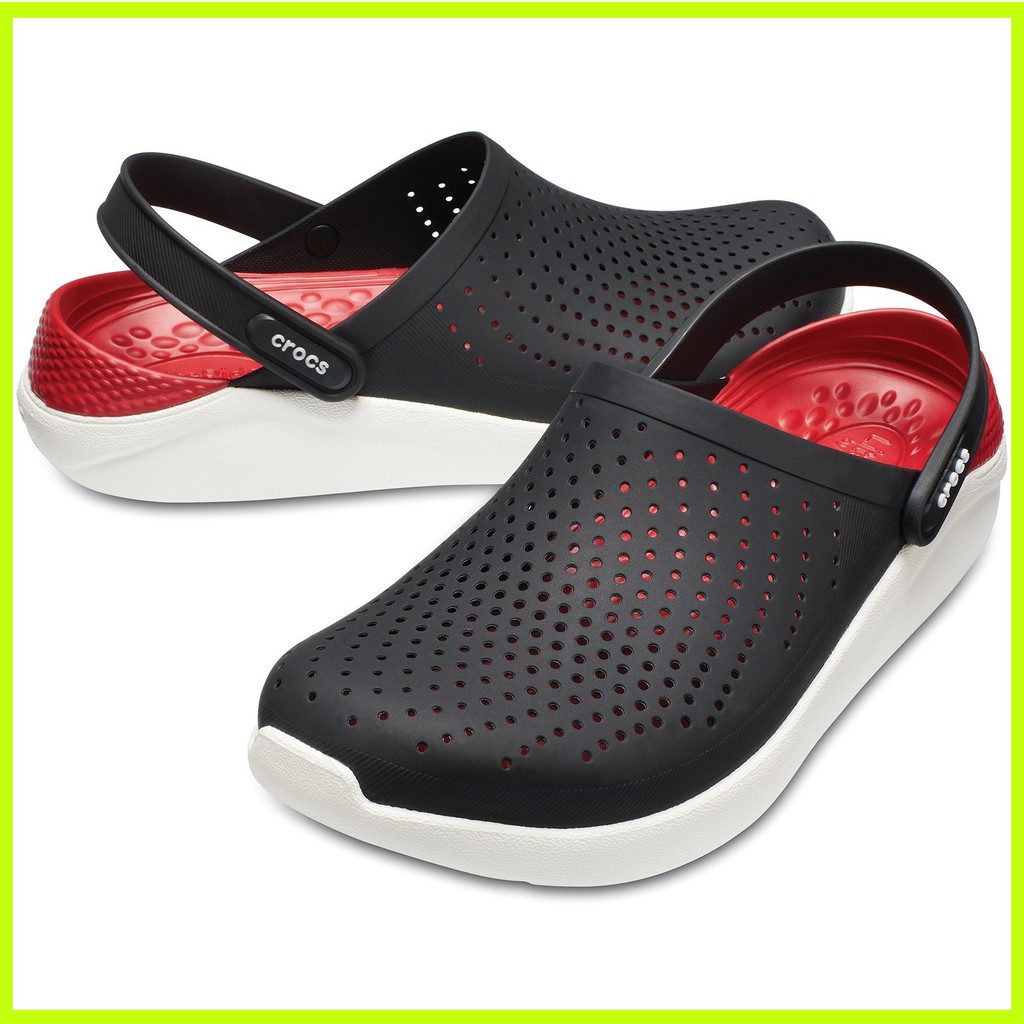 white and red crocs