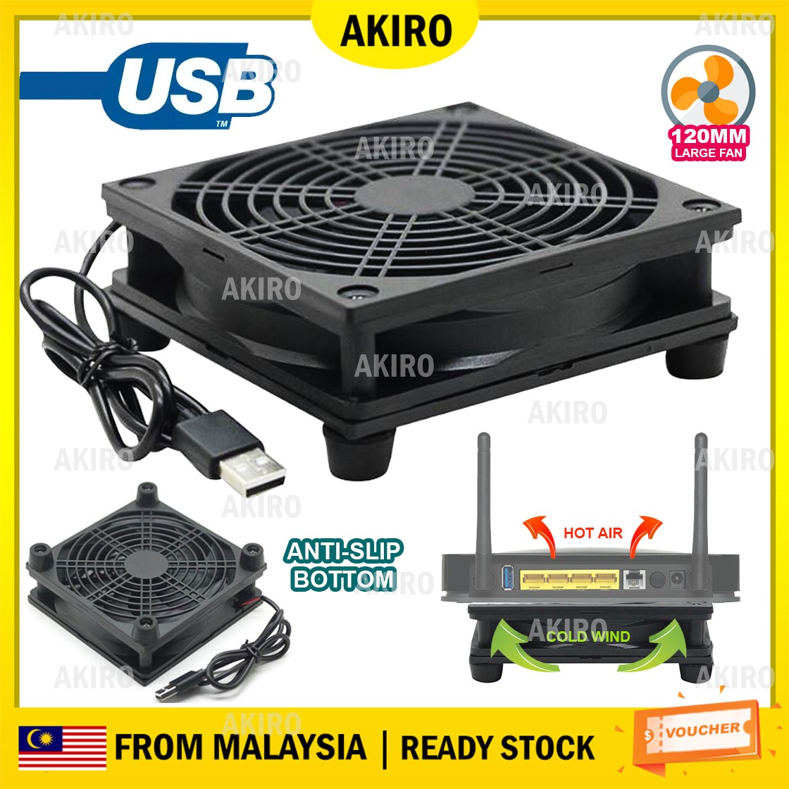 AKIRO Silent 120mm Cooling Fan External Cooler Stand Router Modem TV