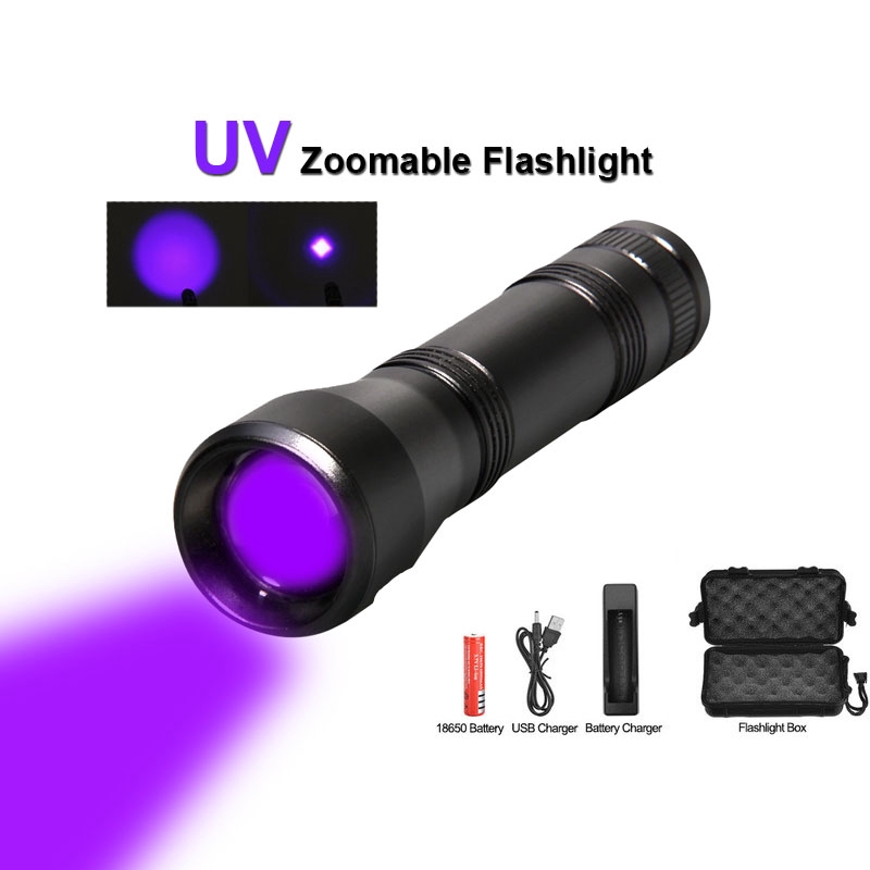 8000Lums UV Flashlight Torch Mini UV Light Zoomable Function Rechargeable Ultra Violet Light Sterilize