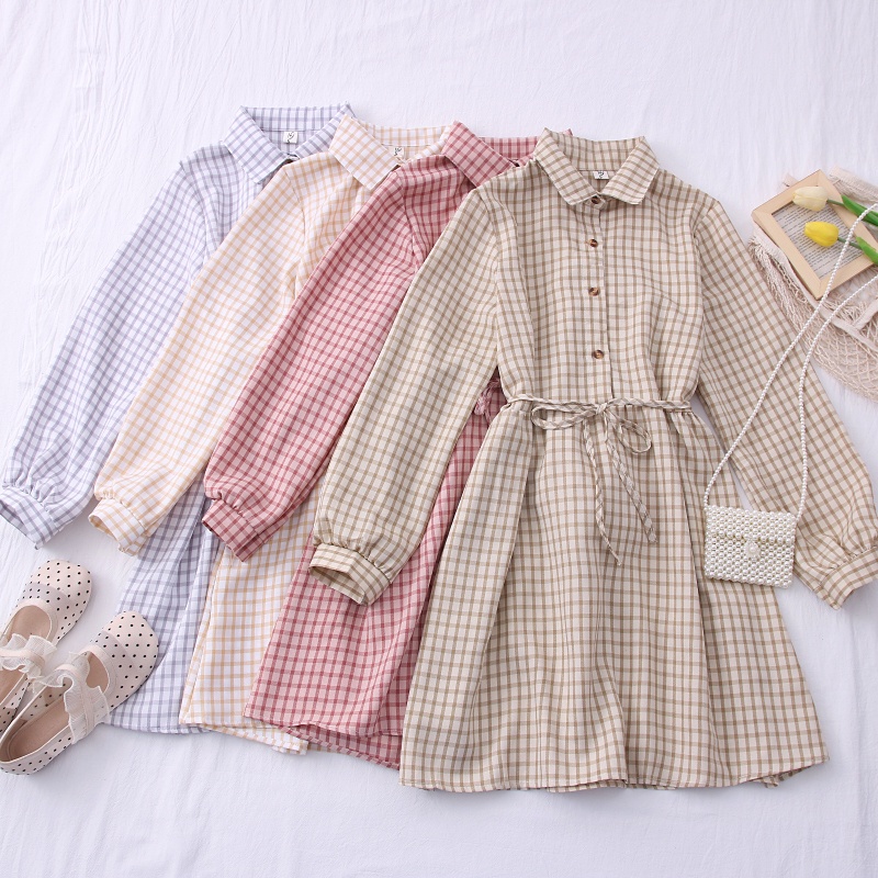 Korean Style Women Summer Long Sleeve Slim Waist Plaid A-line Midi Long Dress Ready Stock New