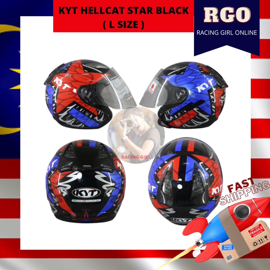 TOPI KYT HELLCAT OPEN FACE HELMET KYT STAR BLACK | Shopee Malaysia