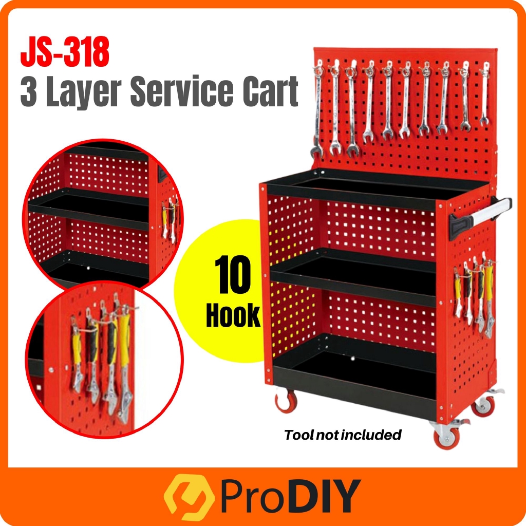 3 Layer Service Cart With Hanging Panel  Storage Organizer Trolley Others Rak Simpanan Barangan Alat 10 Hook ( JS-318 )