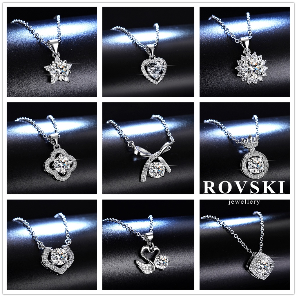 ROVSKI Fashion Korean Ready Stock Jewelry 925 Sterling Silver Loket Batu Permata Six Claw Crown Sun Flower Bow Square Round Four Leaf Clover Love Moissanite Silver Pendant Necklace