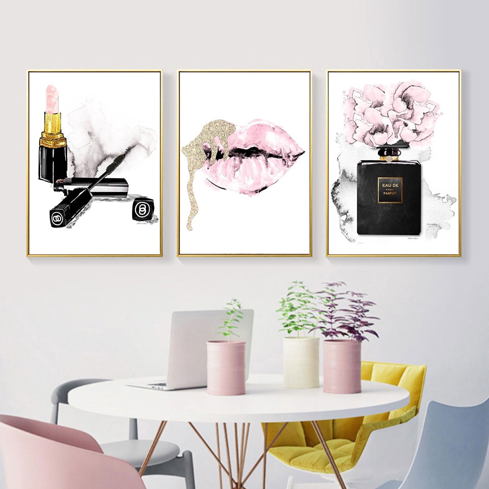 Pink Lips Print Perfume Poster Lipstick Makeup Wall Art Painting Fashion  Posters And Prints Flower Wall Pictures Bedroom Decor