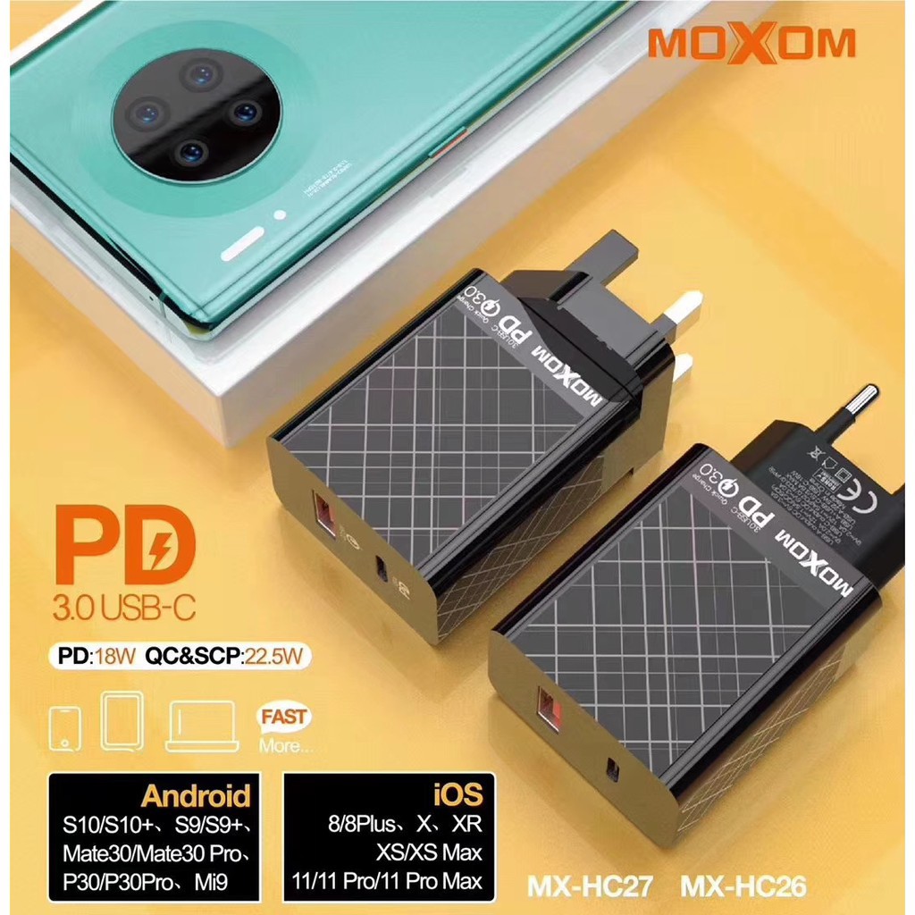 [[ HADIAH PERCUMA Moxom PD 22.5W QC3.0 Pengecas Dinding Pantas Telefon Mudah Alih Penyesuai USB Pengecasan Pantas Qual