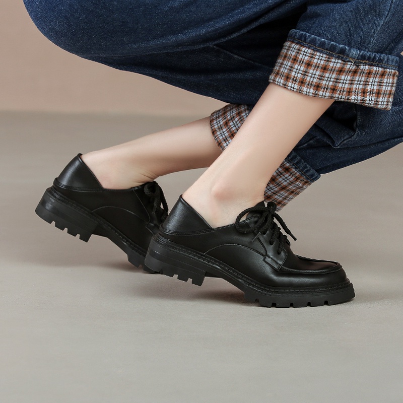 retro genuine leather plaid lace up shoes