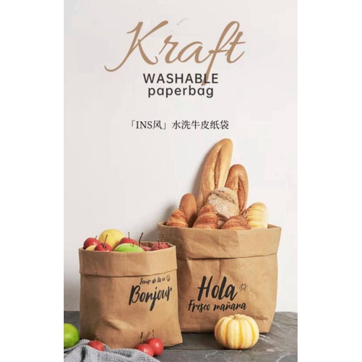 【READY STOCK】HAHO Japanese Washable Foldable Kraft Paper Bag Waterproof Storage Basket Fruits Garlic Bawang Bread Plant