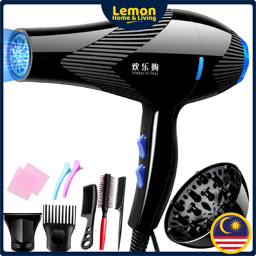 🍋8 in1 Blue-Ray Hair Dryer Professional Strong Wind Nozzle 2200W Hairdryer Pengering Rambut Plug Ionic Saloon Hair Dryer