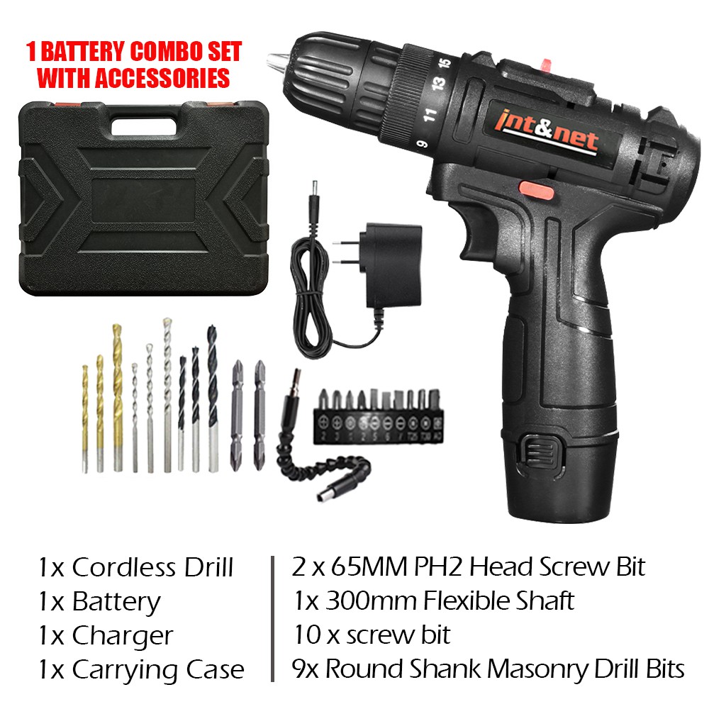 INT & NET 12V Cordless Screwdriver Drill Double Speed with Lithium Battery (BLACK)