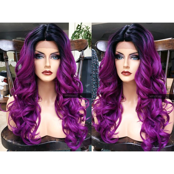 Ready Stock Front Lace Wig Ombre Red Purple Wavy Hair 26 Inches