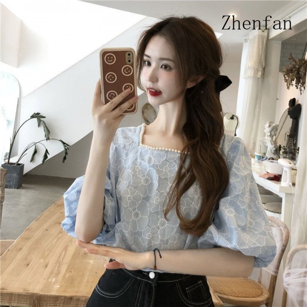 Heavy industry beaded square-neck puff-sleeved shirt women's 2021 summer new design niche loose foreign short-sleeved top