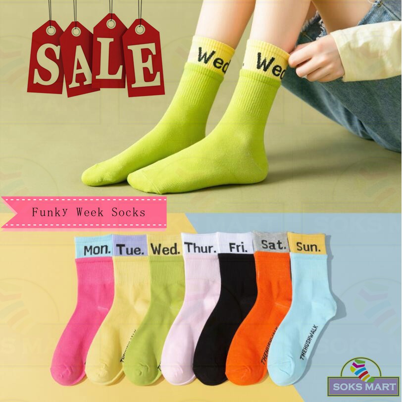 Unisex Socks Funky Patterned 7 Pairs Week Novelty Fashion Calf-Socks Stokin Mingguan READY STOCK MALAYSIA