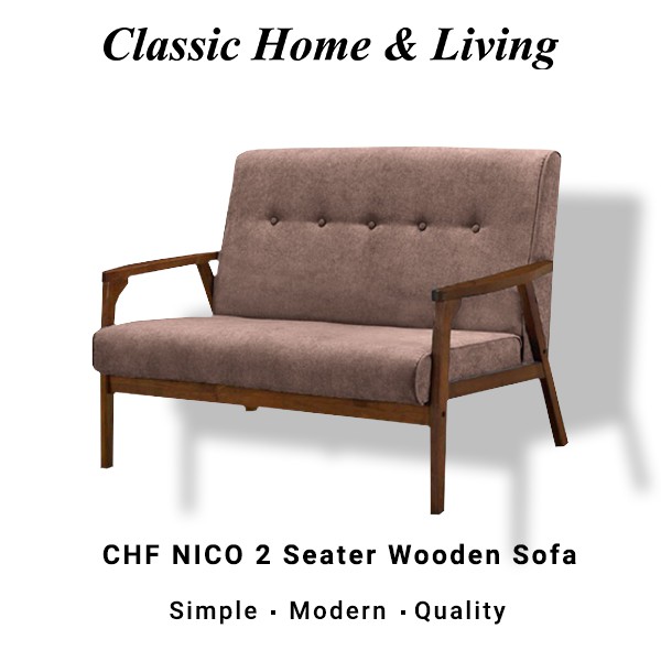 CHF NICO 2 Seater Wooden Sofa / Solid Wood Frame / Thick and Comfortable Fabric - BROWN