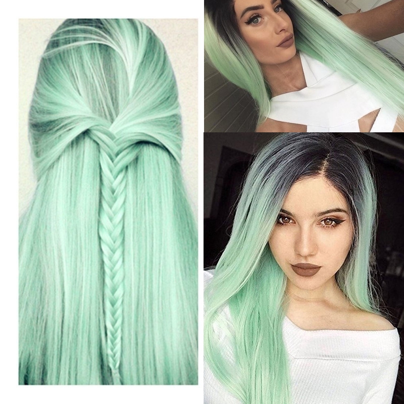 65cm Synthetic Straight Long Wig Ombre Mint Green Hair Cosplay