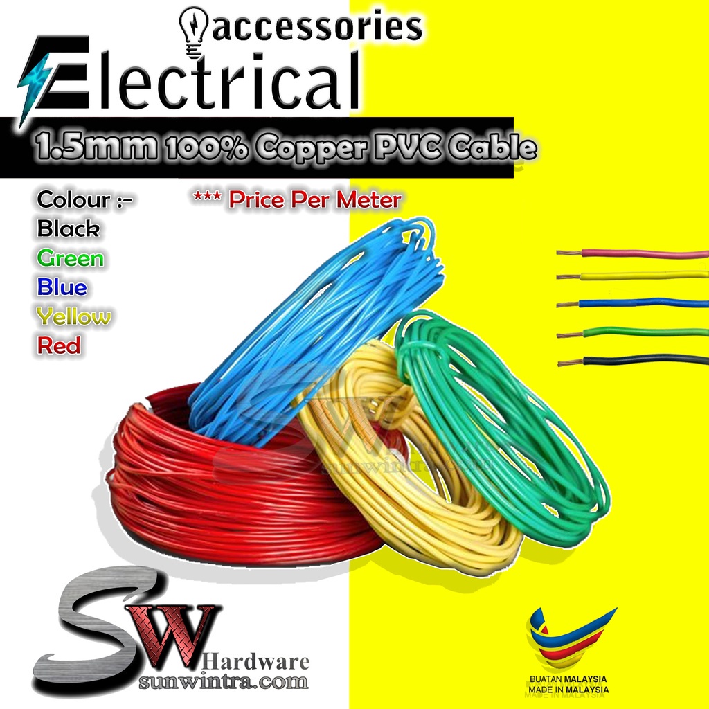 (PRICE PER METER) 1.5mm Full Copper PVC Insulated Power Cable Wire/Electrical Kabel PVC Bersalut