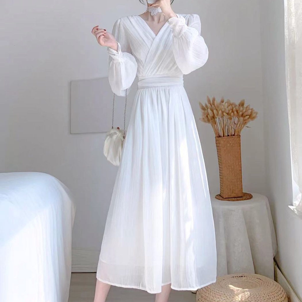 May Moon *White One piece Dress Long Sleeves Long Dress Women Dress