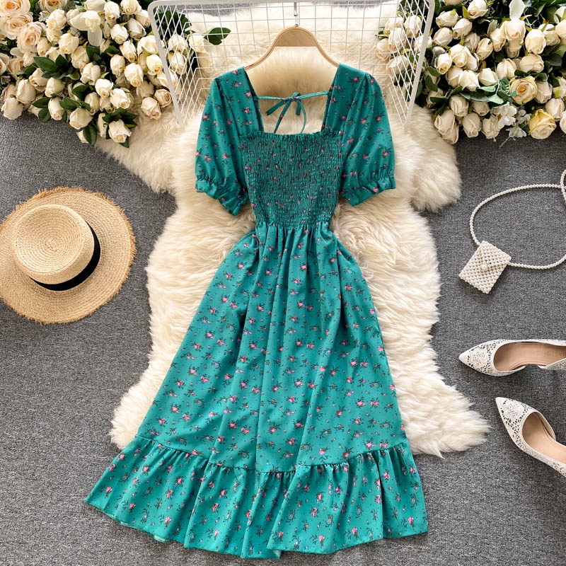 Boho slim vintage floral print Summer long Dress square collar ruffles dress Party Women elastic beach tunic Dress