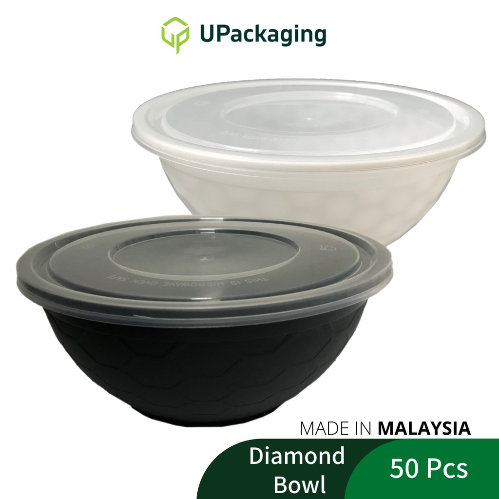 DIAMOND BOWL [50 Pcs] BLACK WHITE Plastic Bowls 1000cc Takeaway Luch ...