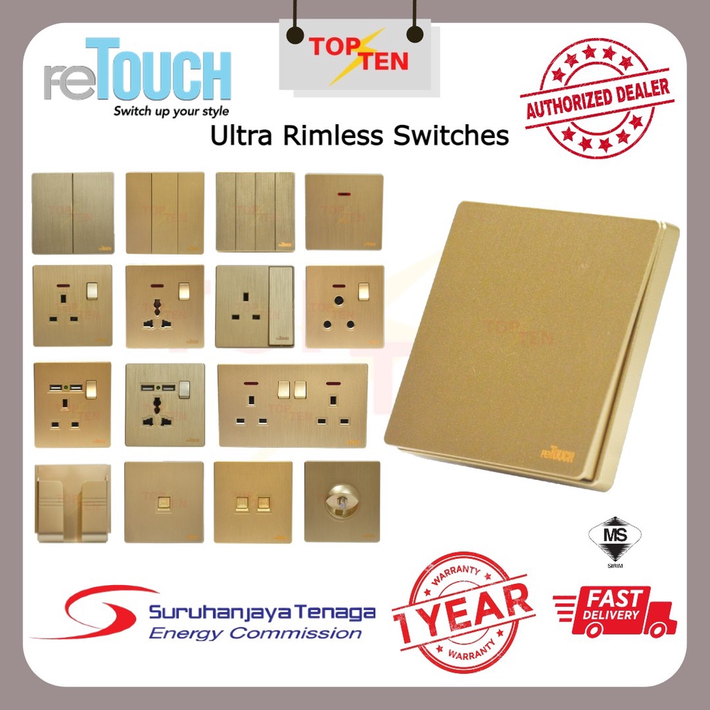 Retouch Ultra Rimless Switch Socket Sirim Approval Slim Design Gold Series Suis Dingding 13a 8431