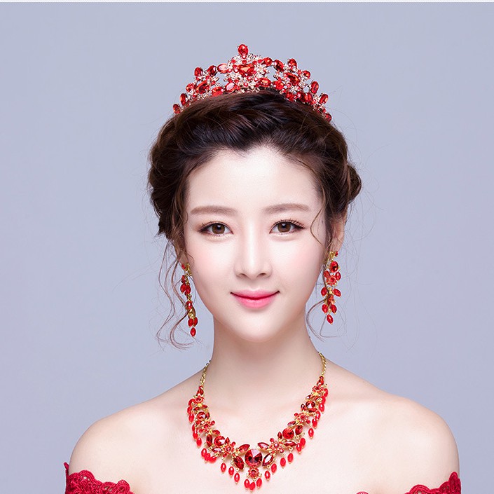 Bridal Tiara Korean Three Piece Suit Red Crown Wedding Hair